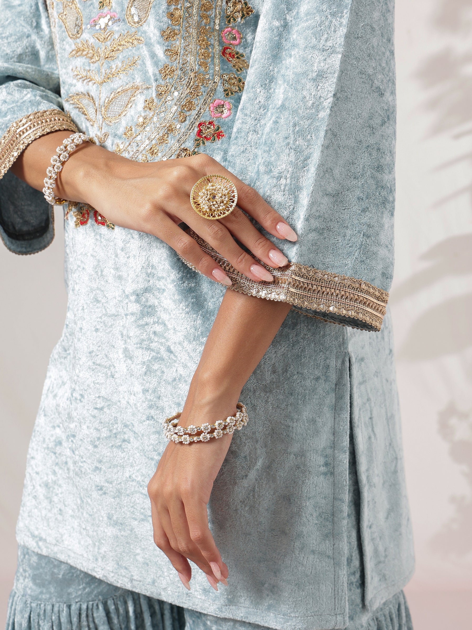 Powder Blue Velvet Neck Embroidered Short Kurta With Sharara-Shae by SASSAFRAS