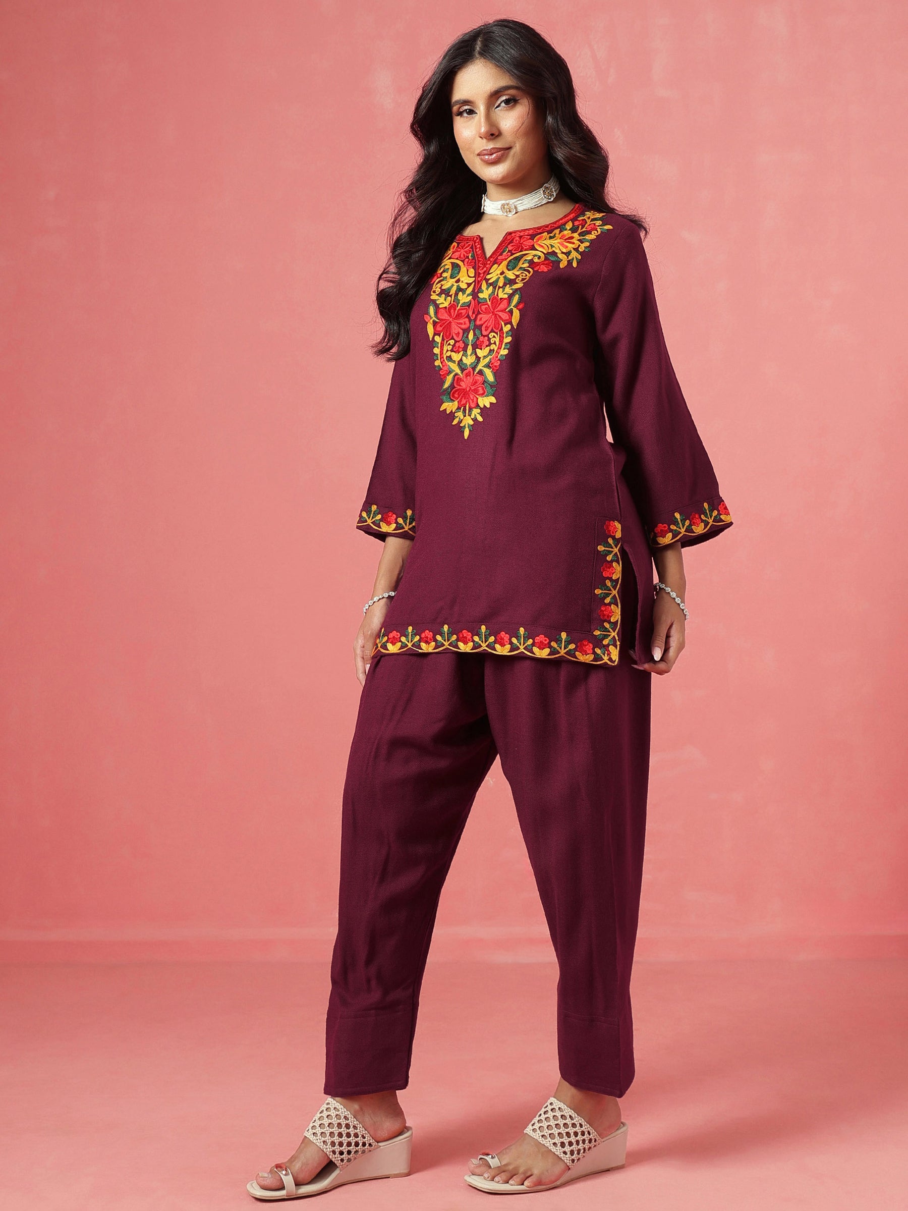 Burgundy Woollen Embroidered Short Kurta With Farshi Salwar-Shae by SASSAFRAS