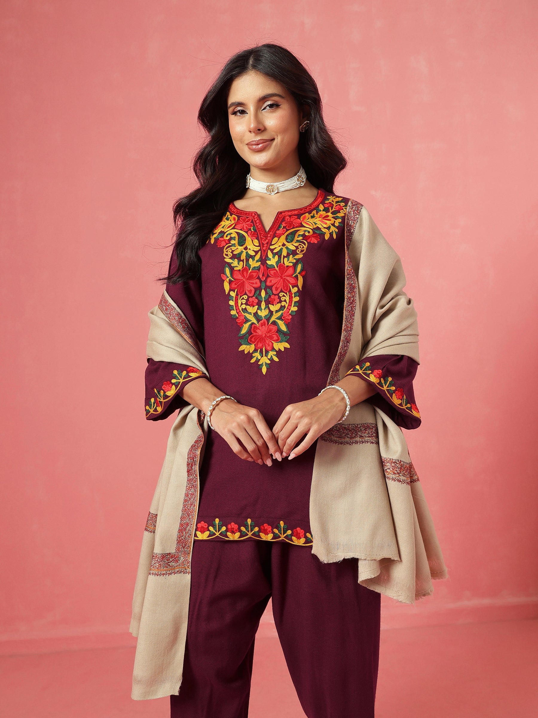 Burgundy Woollen Embroidered Short Kurta With Farshi Salwar-Shae by SASSAFRAS