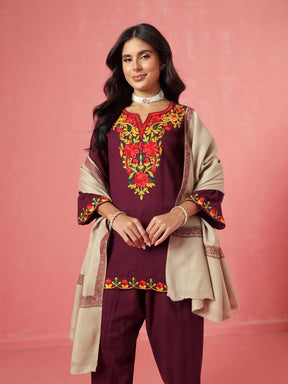 Burgundy Woollen Embroidered Short Kurta With Farshi Salwar-Shae by SASSAFRAS