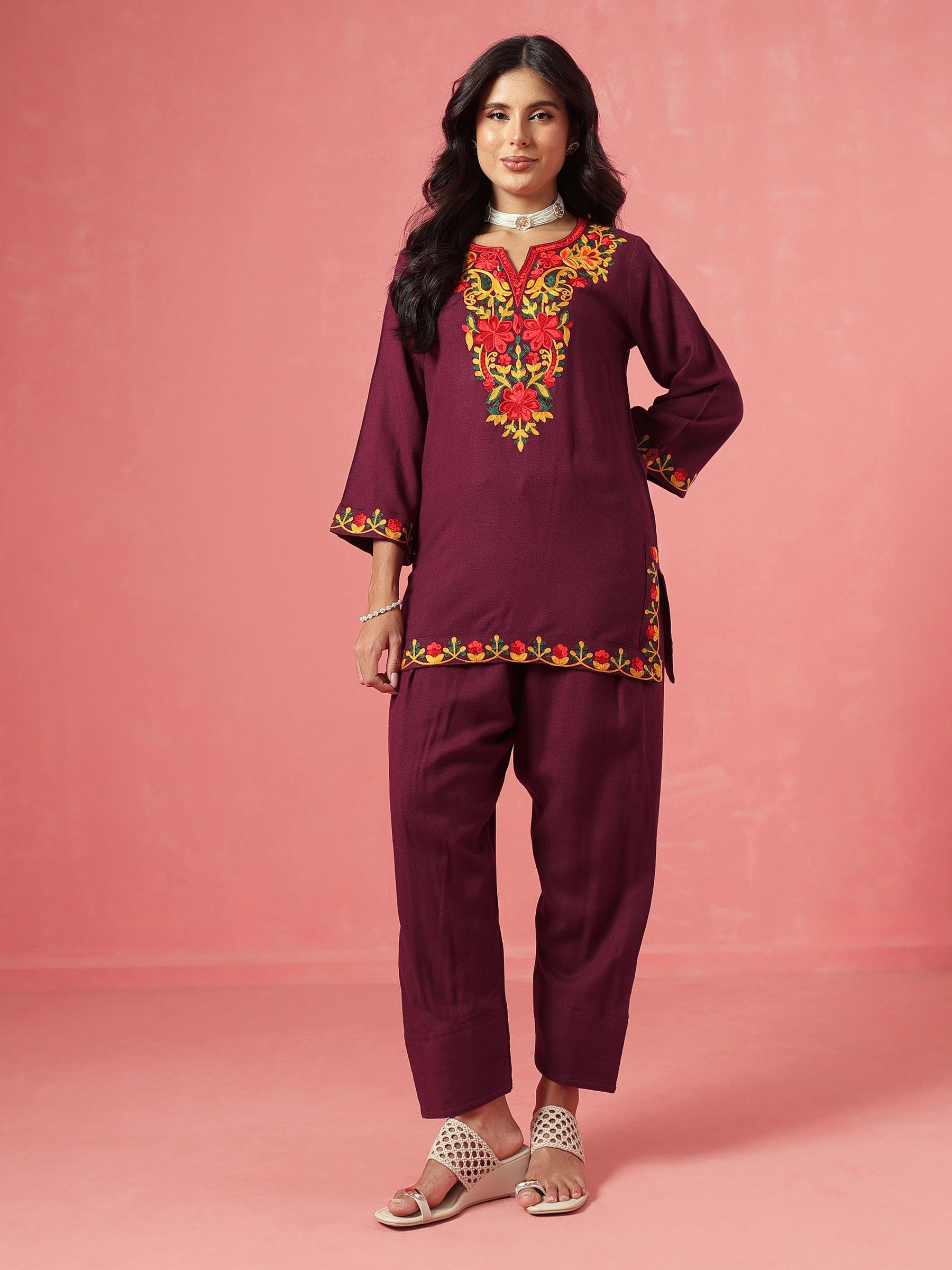Burgundy Woollen Embroidered Short Kurta With Farshi Salwar-Shae by SASSAFRAS