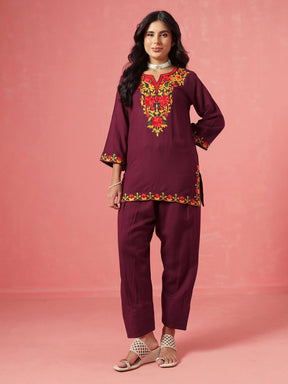 Burgundy Woollen Embroidered Short Kurta With Farshi Salwar-Shae by SASSAFRAS