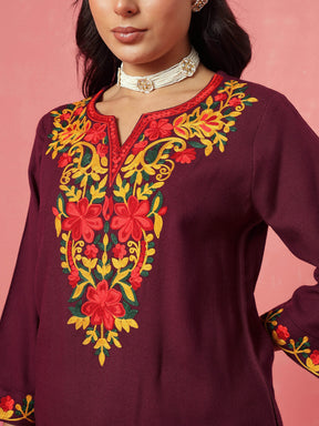 Burgundy Woollen Embroidered Short Kurta With Farshi Salwar-Shae by SASSAFRAS