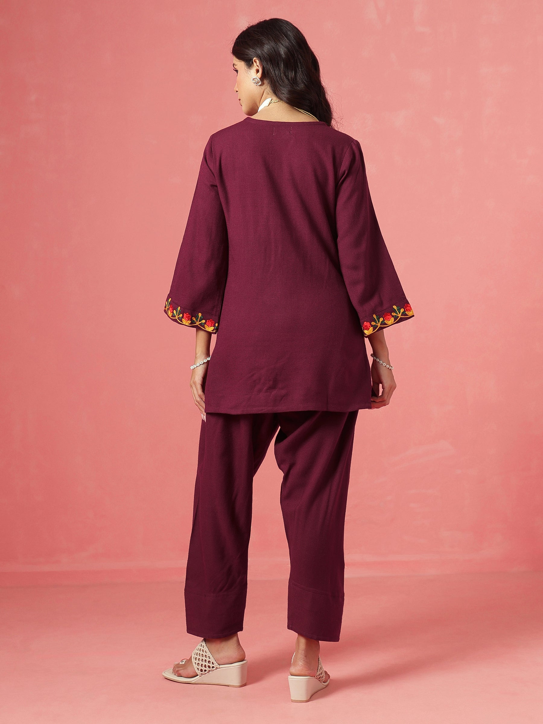 Burgundy Woollen Embroidered Short Kurta With Farshi Salwar-Shae by SASSAFRAS
