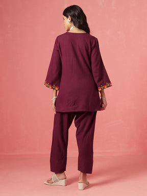 Burgundy Woollen Embroidered Short Kurta With Farshi Salwar-Shae by SASSAFRAS