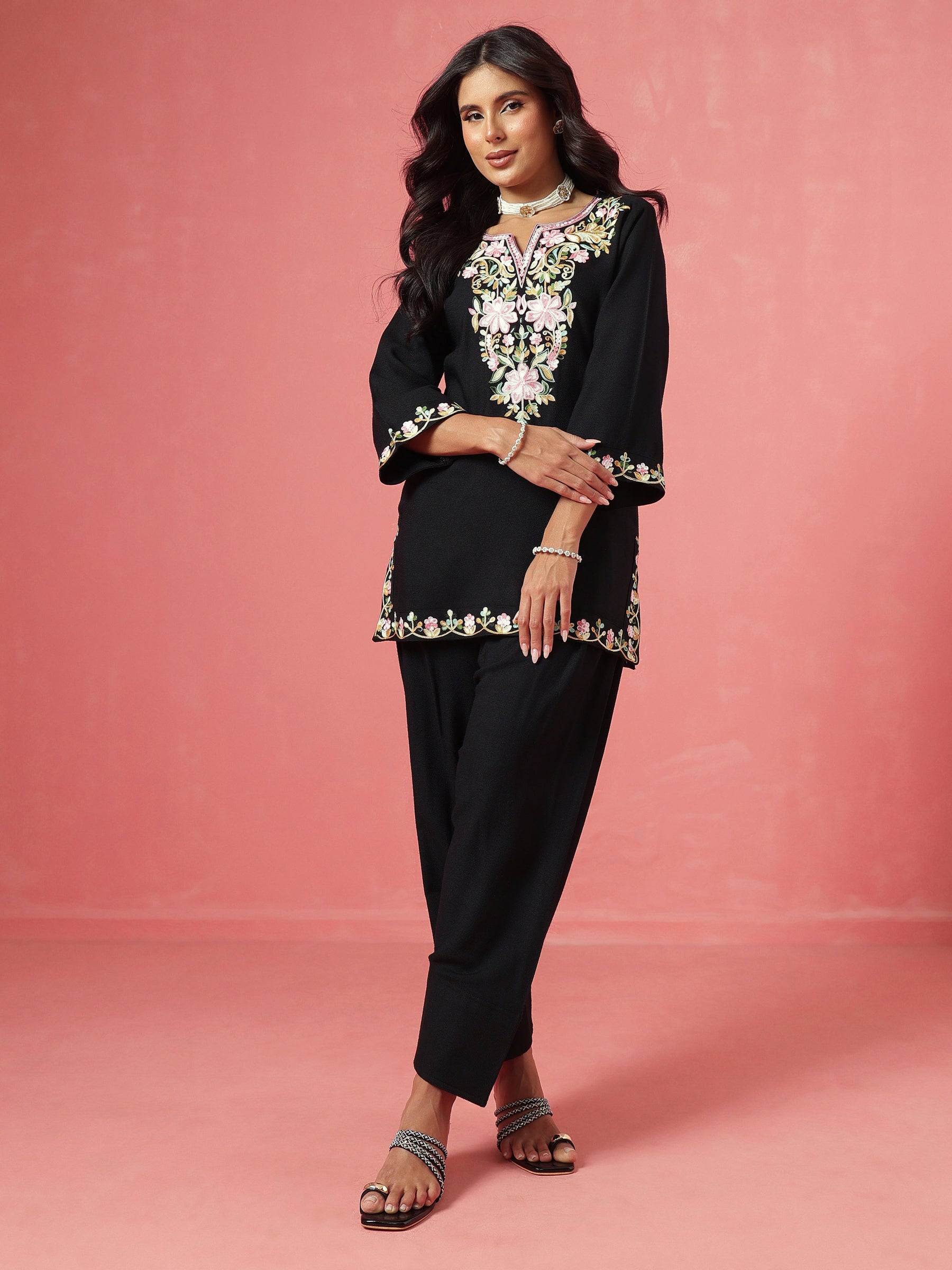 Black Woollen Embroidered Short Kurta With Farshi Salwar-Shae by SASSAFRAS