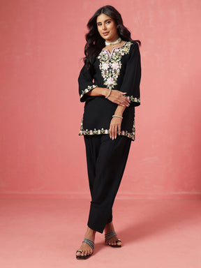 Black Woollen Embroidered Short Kurta With Farshi Salwar-Shae by SASSAFRAS