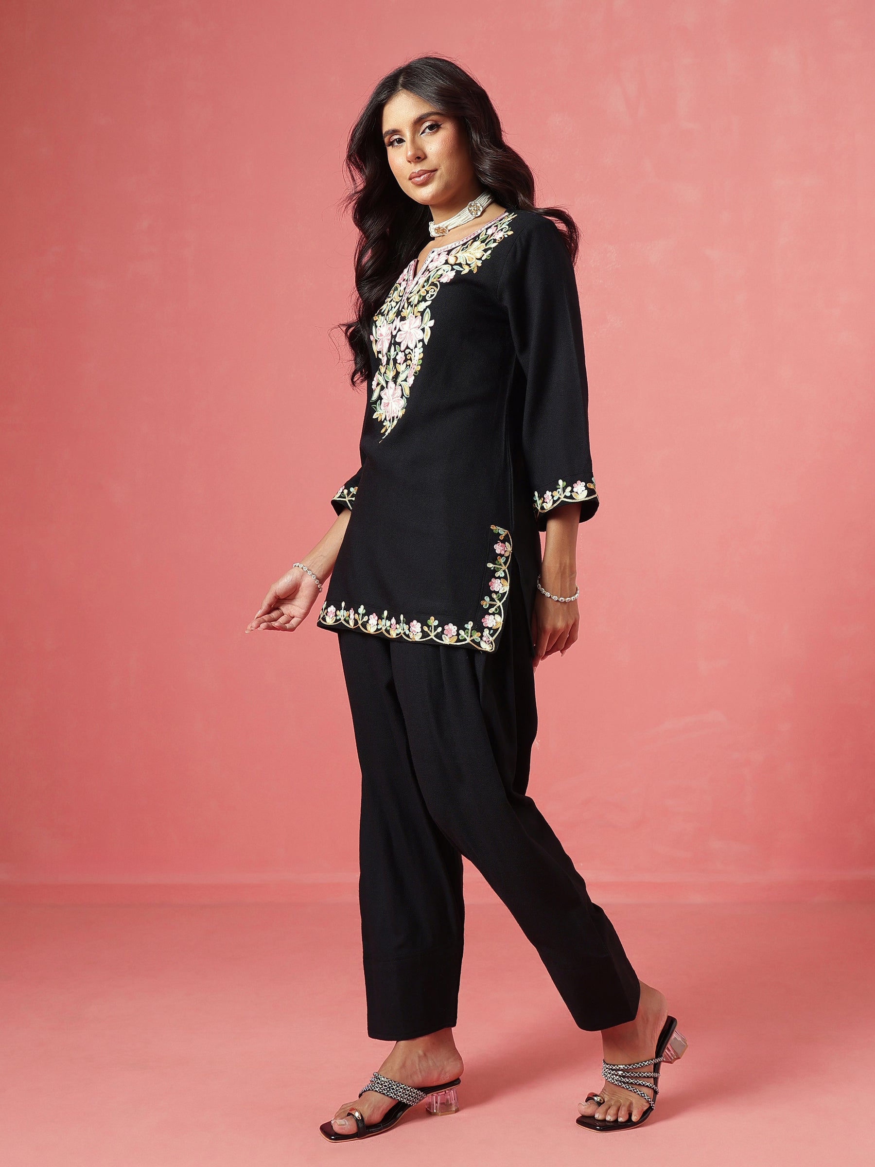 Black Woollen Embroidered Short Kurta With Farshi Salwar-Shae by SASSAFRAS