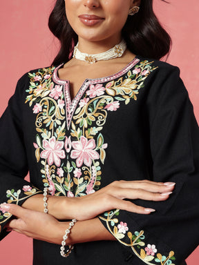 Black Woollen Embroidered Short Kurta With Farshi Salwar-Shae by SASSAFRAS