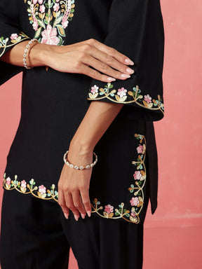 Black Woollen Embroidered Short Kurta With Farshi Salwar-Shae by SASSAFRAS