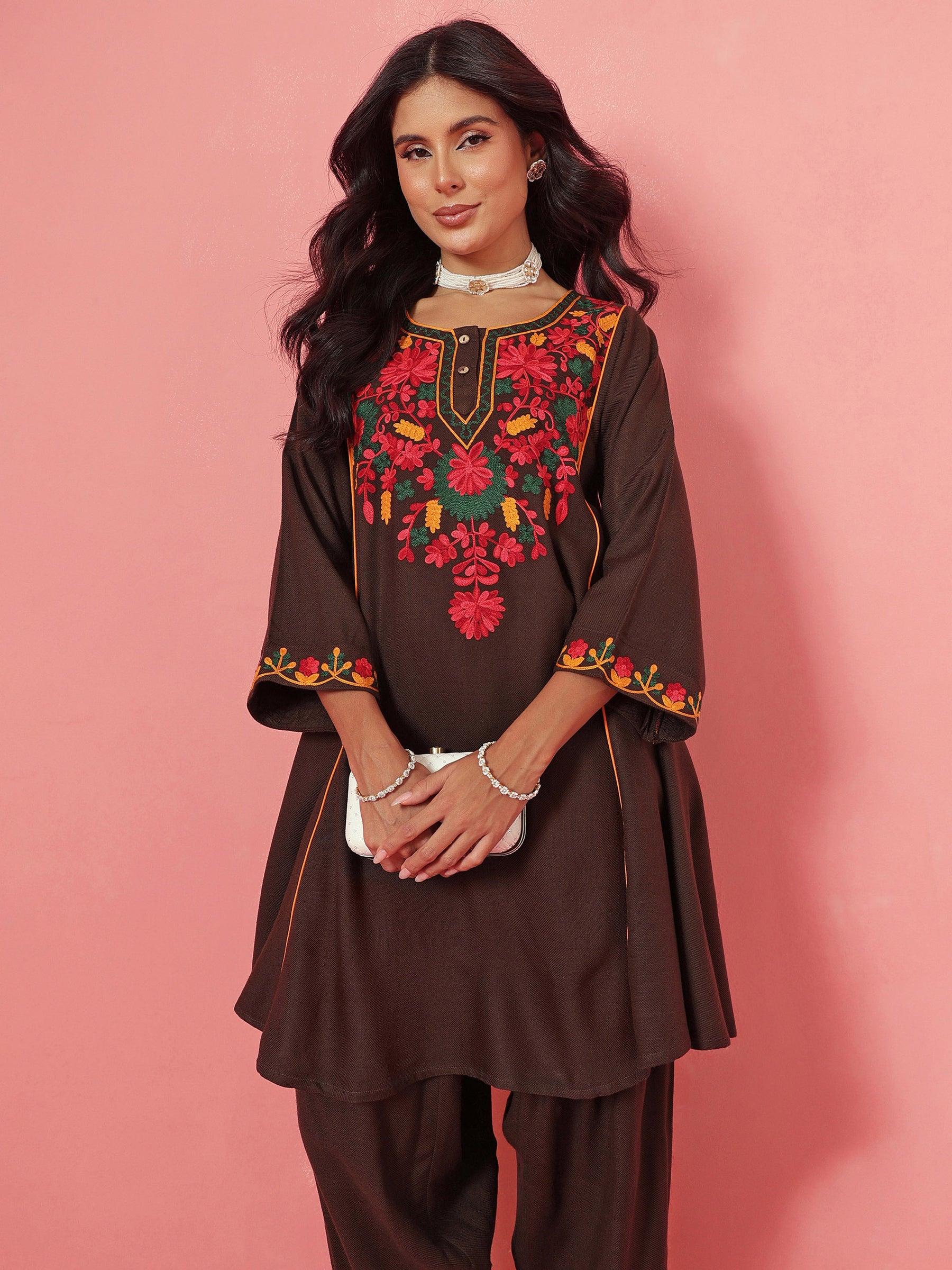 Brown Woollen Embroidered Choga Kurta With Farshi Salwar-Shae by SASSAFRAS