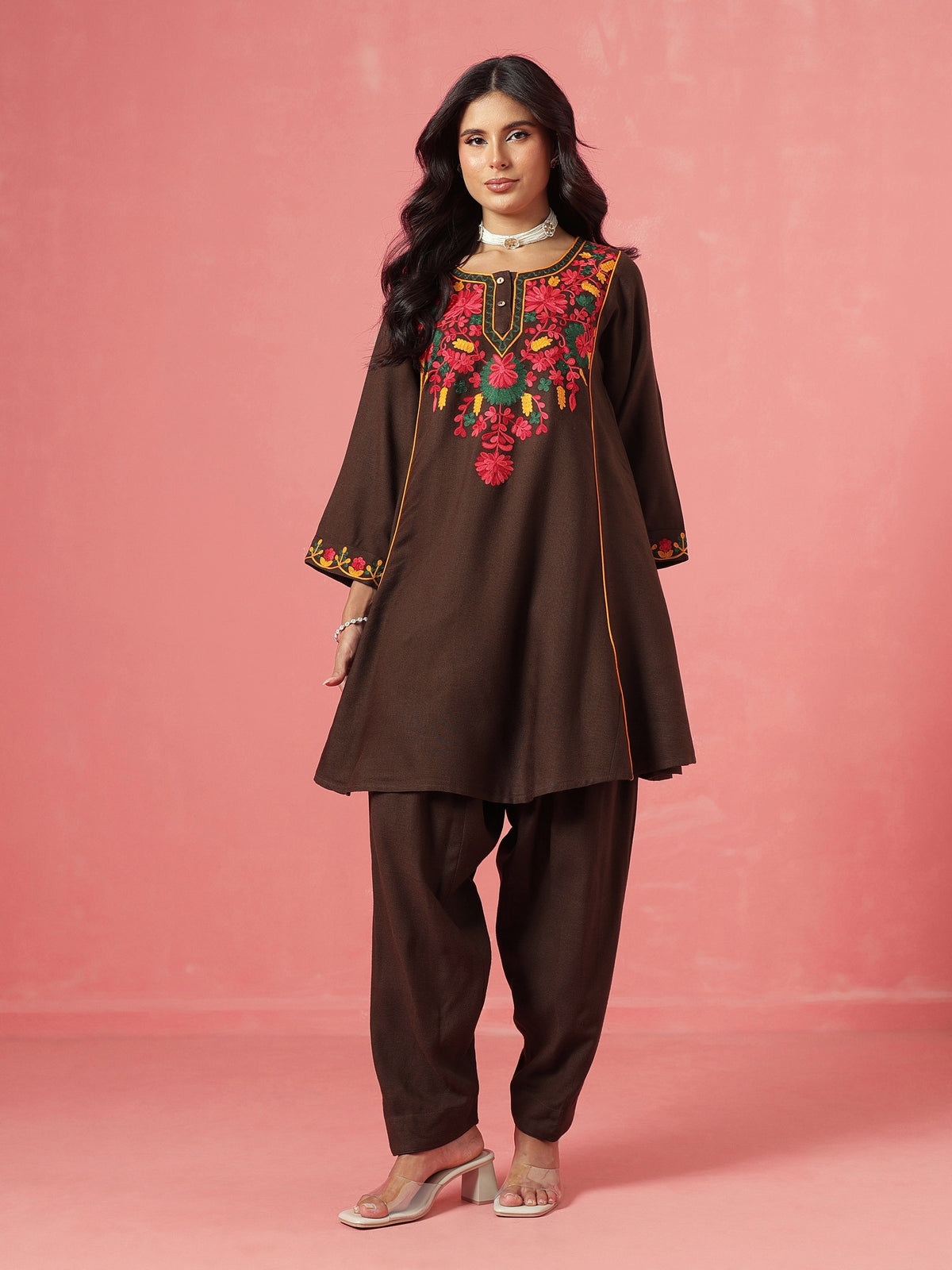 Brown Woollen Embroidered Choga Kurta With Farshi Salwar-Shae by SASSAFRAS