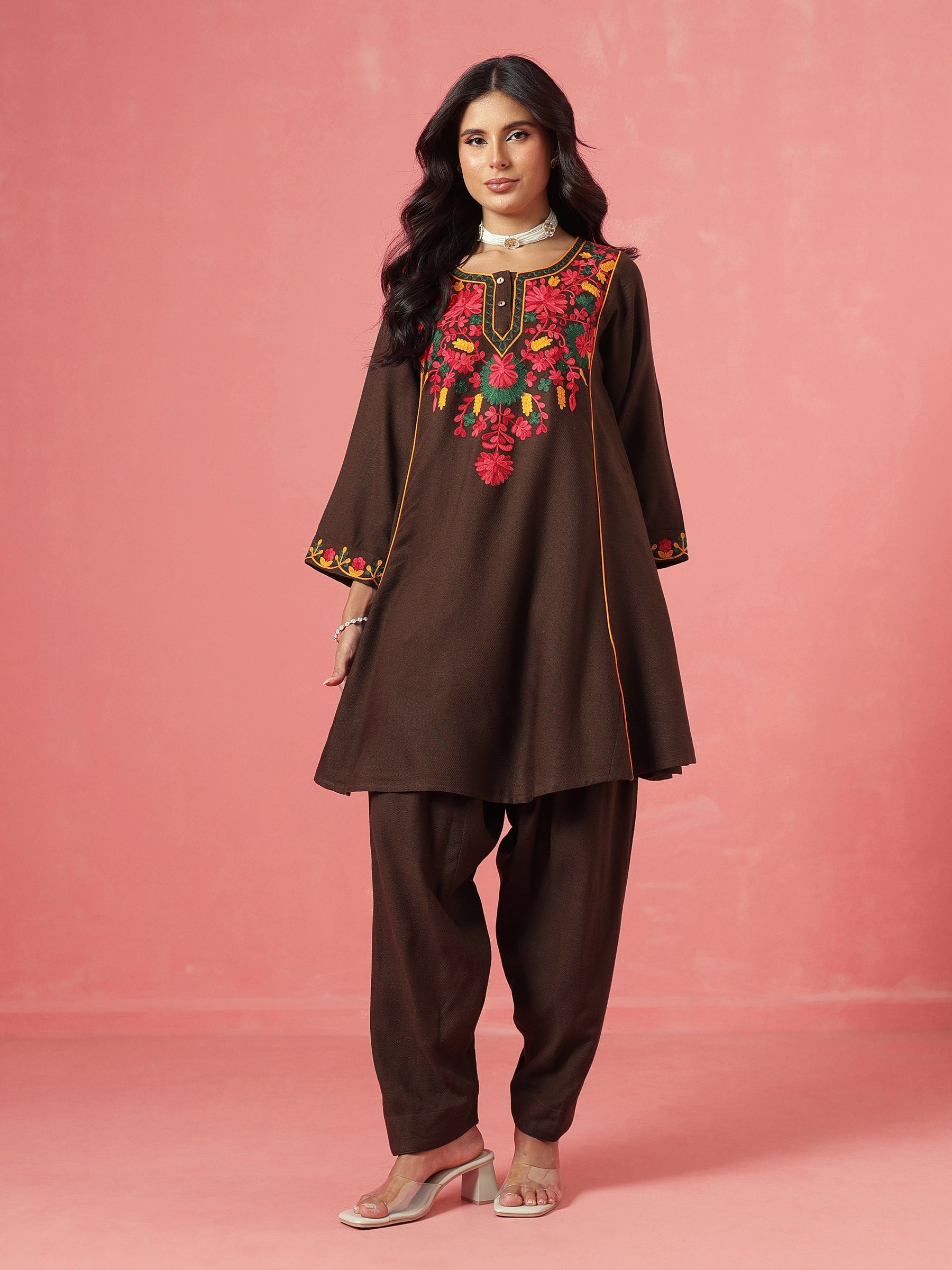 Brown Woollen Embroidered Choga Kurta With Farshi Salwar-Shae by SASSAFRAS