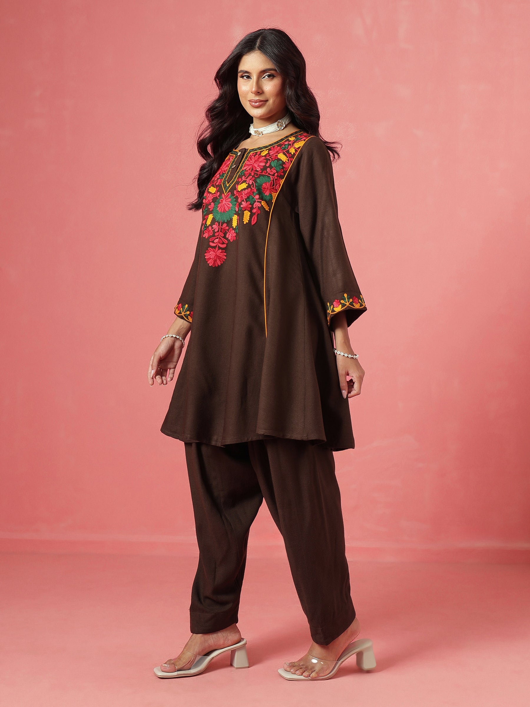 Brown Woollen Embroidered Choga Kurta With Farshi Salwar-Shae by SASSAFRAS