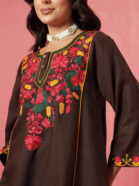 Brown Woollen Embroidered Choga Kurta With Farshi Salwar-Shae by SASSAFRAS
