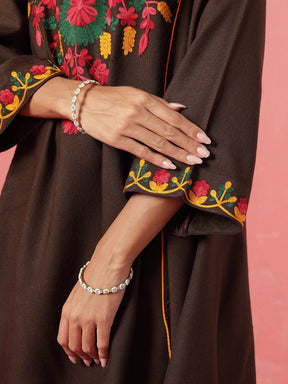 Brown Woollen Embroidered Choga Kurta With Farshi Salwar-Shae by SASSAFRAS