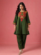 Green Woollen Embroidered Choga Kurta With Farshi Salwar-Shae by SASSAFRAS