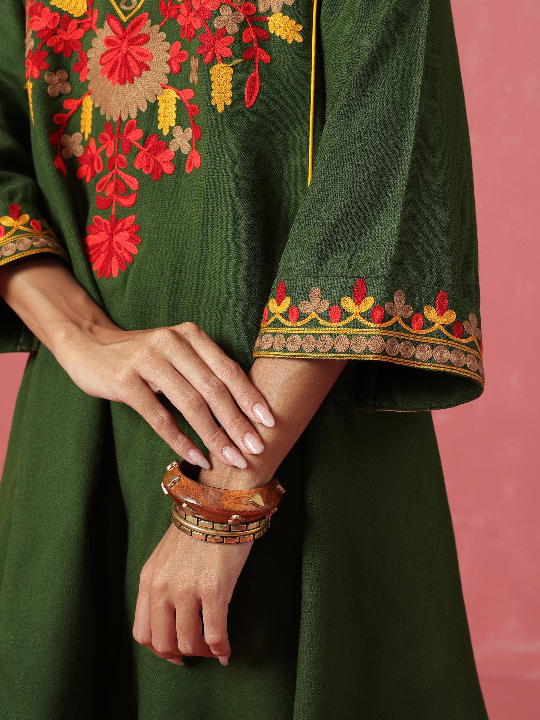 Green Woollen Embroidered Choga Kurta With Farshi Salwar-Shae by SASSAFRAS