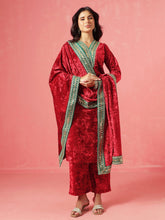 Red Velvet Straight Kurta With Straight Pants & Dushala-Shae by SASSAFRAS