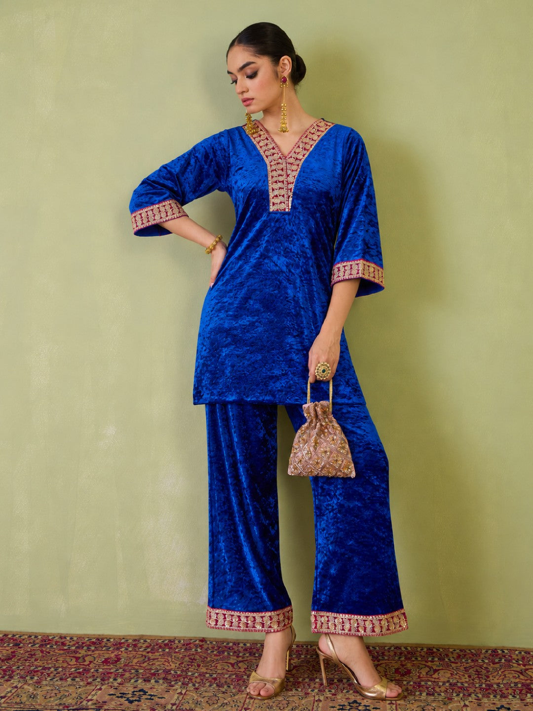 Cobalt Blue Velvet Short Kurta With Straight Pants-Shae by SASSAFRAS