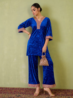 Cobalt Blue Velvet Short Kurta With Straight Pants-Shae by SASSAFRAS