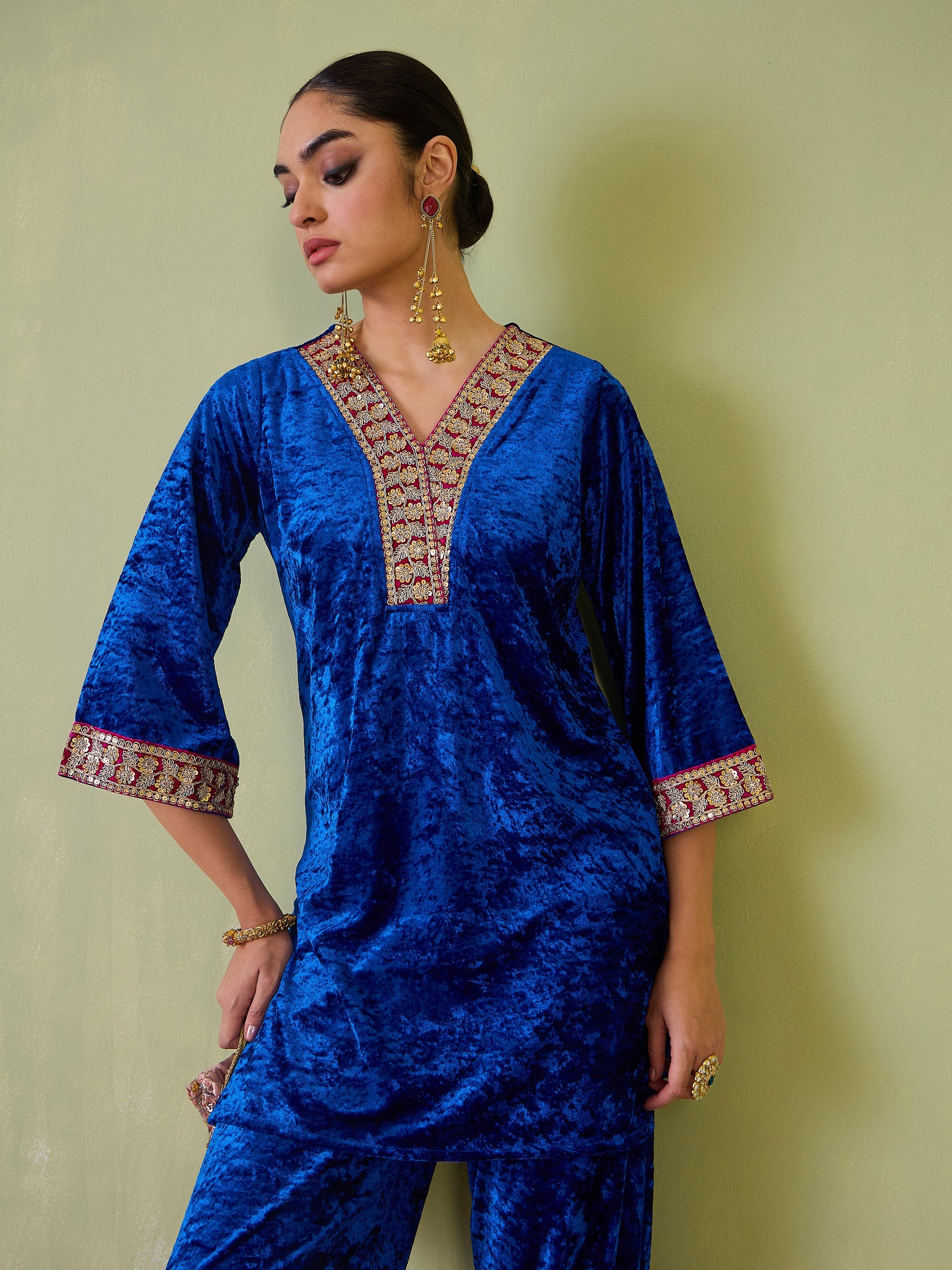 Cobalt Blue Velvet Short Kurta With Straight Pants-Shae by SASSAFRAS