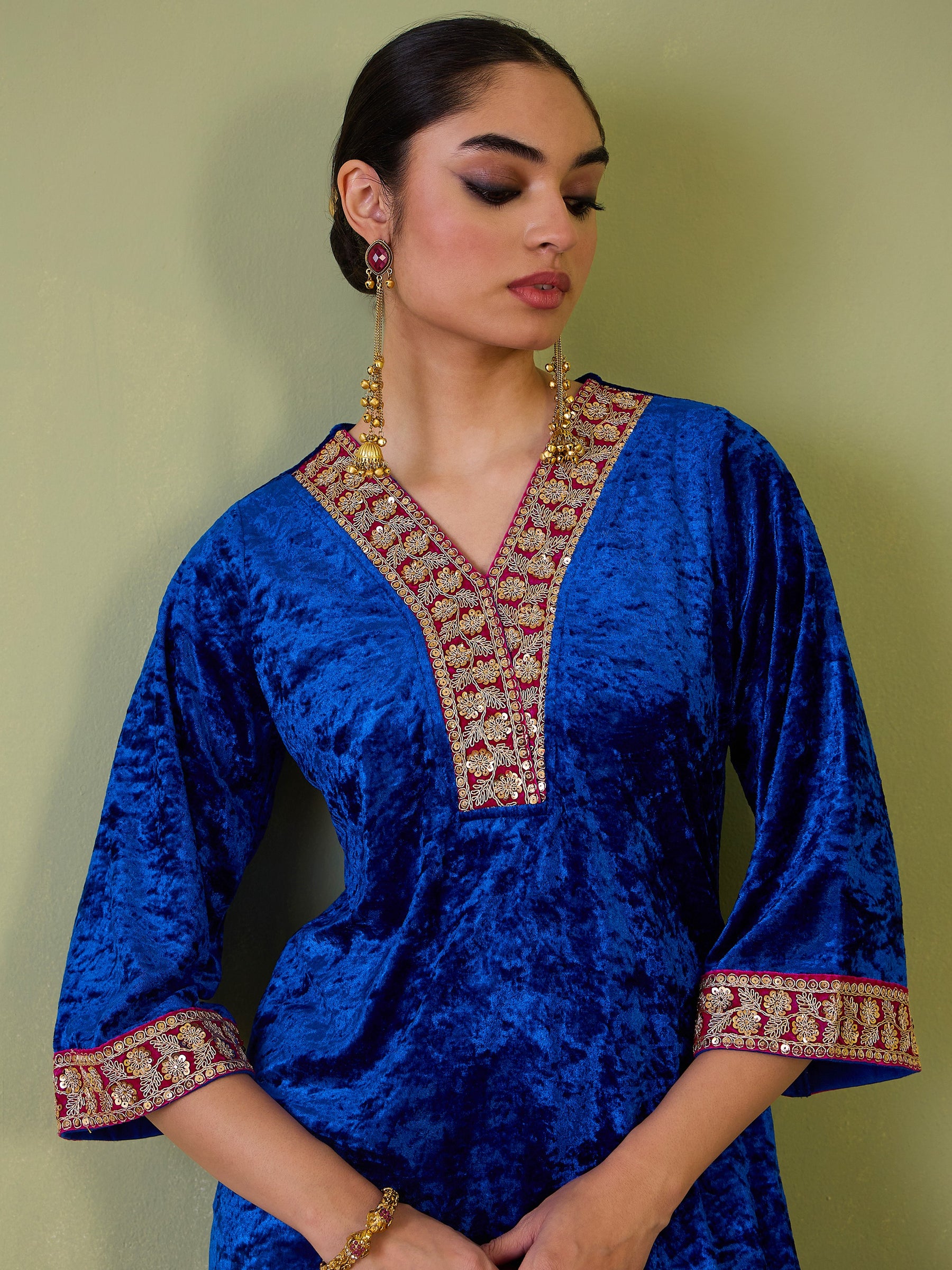 Cobalt Blue Velvet Short Kurta With Straight Pants-Shae by SASSAFRAS