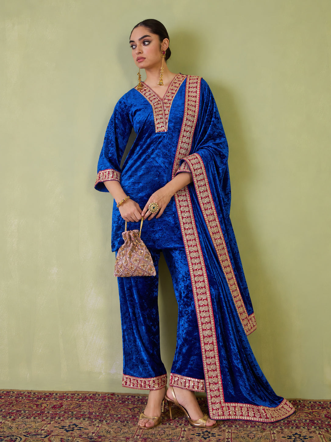 Cobalt Blue Velvet Short Kurta With Straight Pants & Dushala-Shae by SASSAFRAS