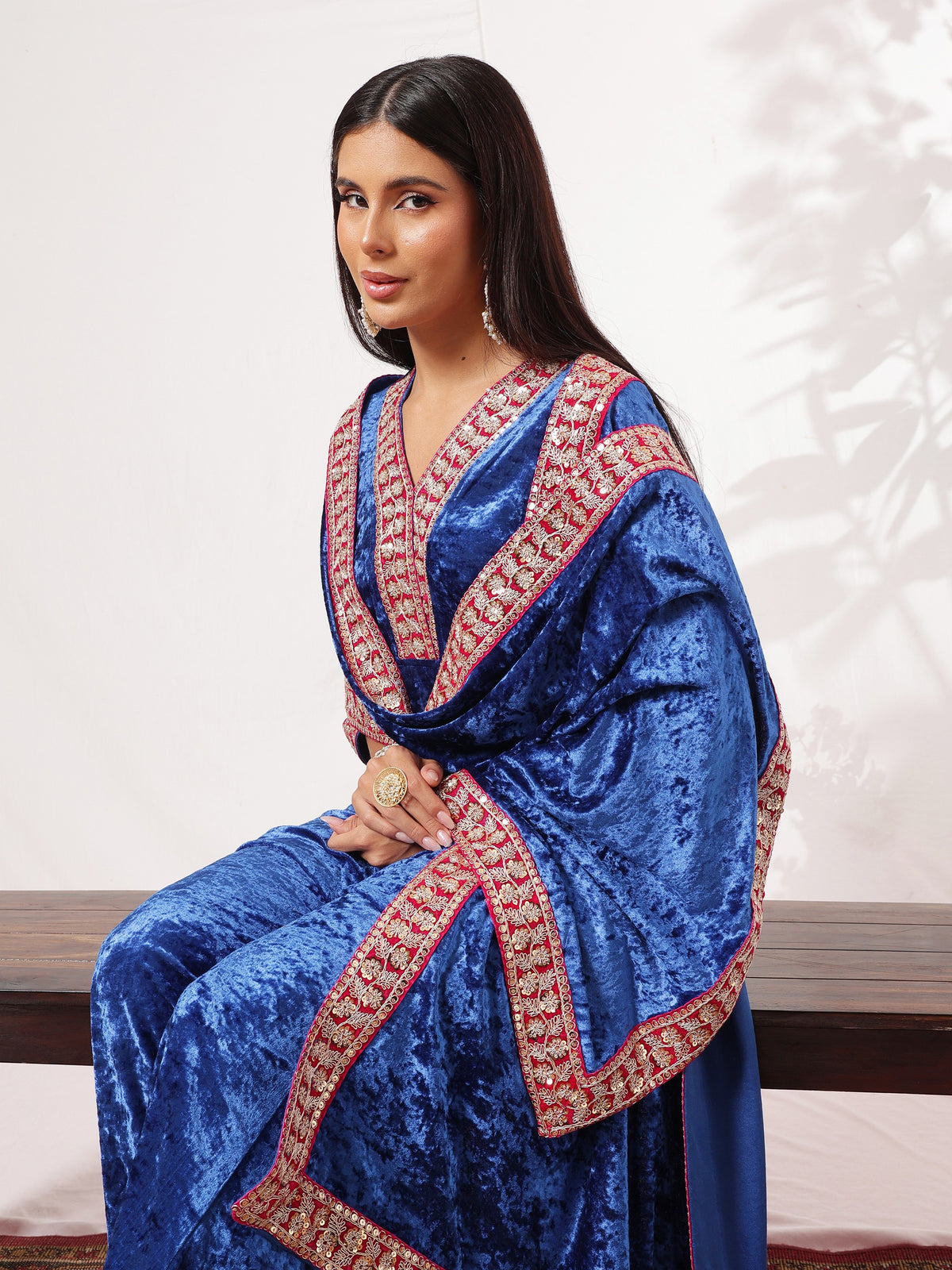 Cobalt Blue Velvet Short Kurta With Straight Pants & Dushala-Shae by SASSAFRAS