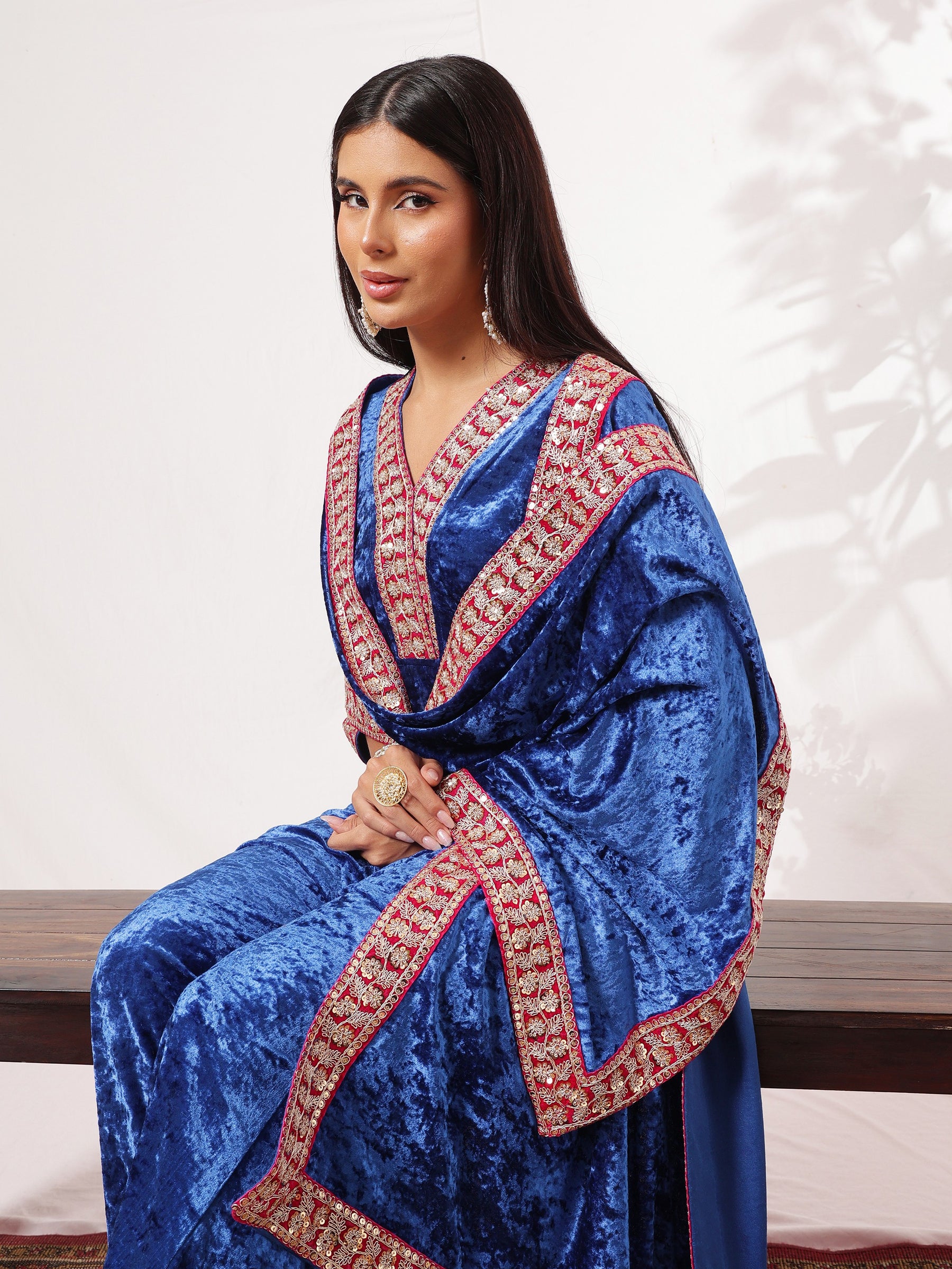 Cobalt Blue Velvet Short Kurta With Straight Pants & Dushala-Shae by SASSAFRAS