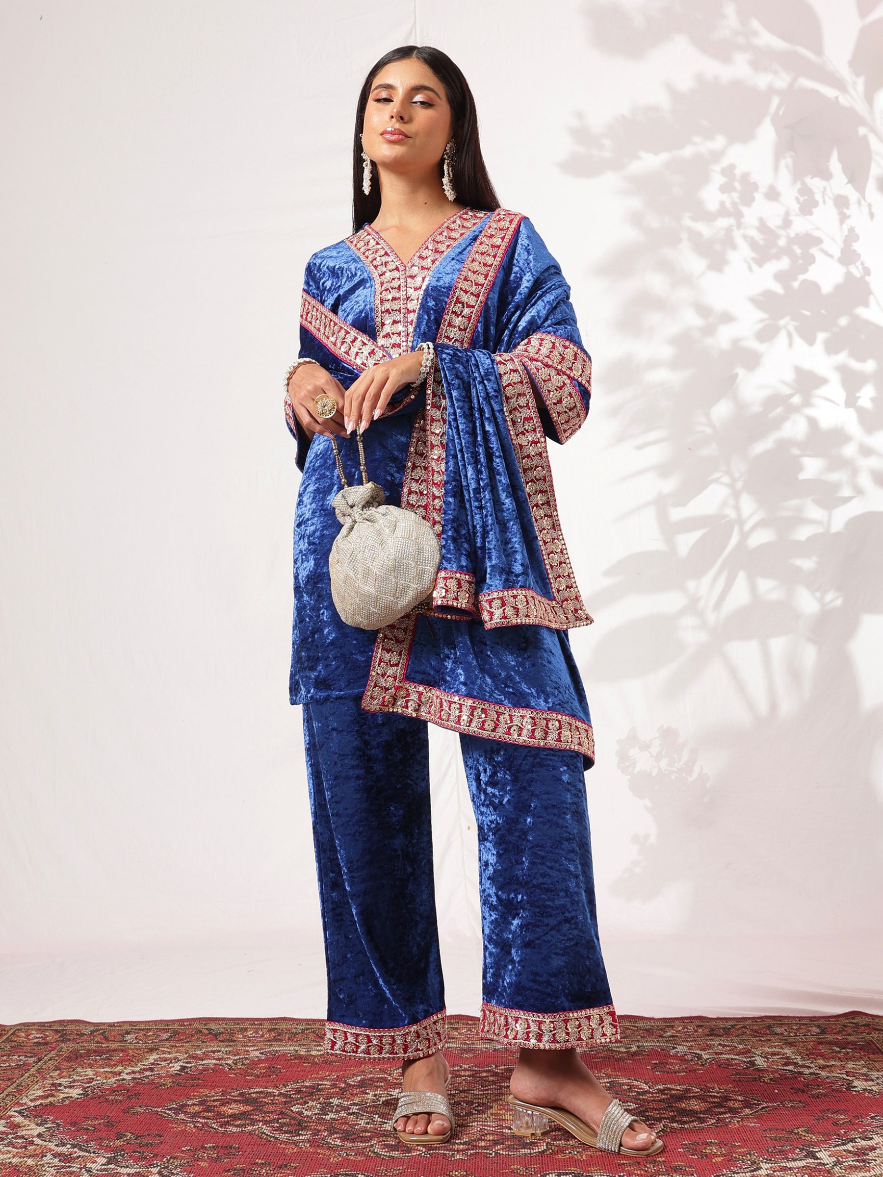 Cobalt Blue Velvet Short Kurta With Straight Pants & Dushala-Shae by SASSAFRAS