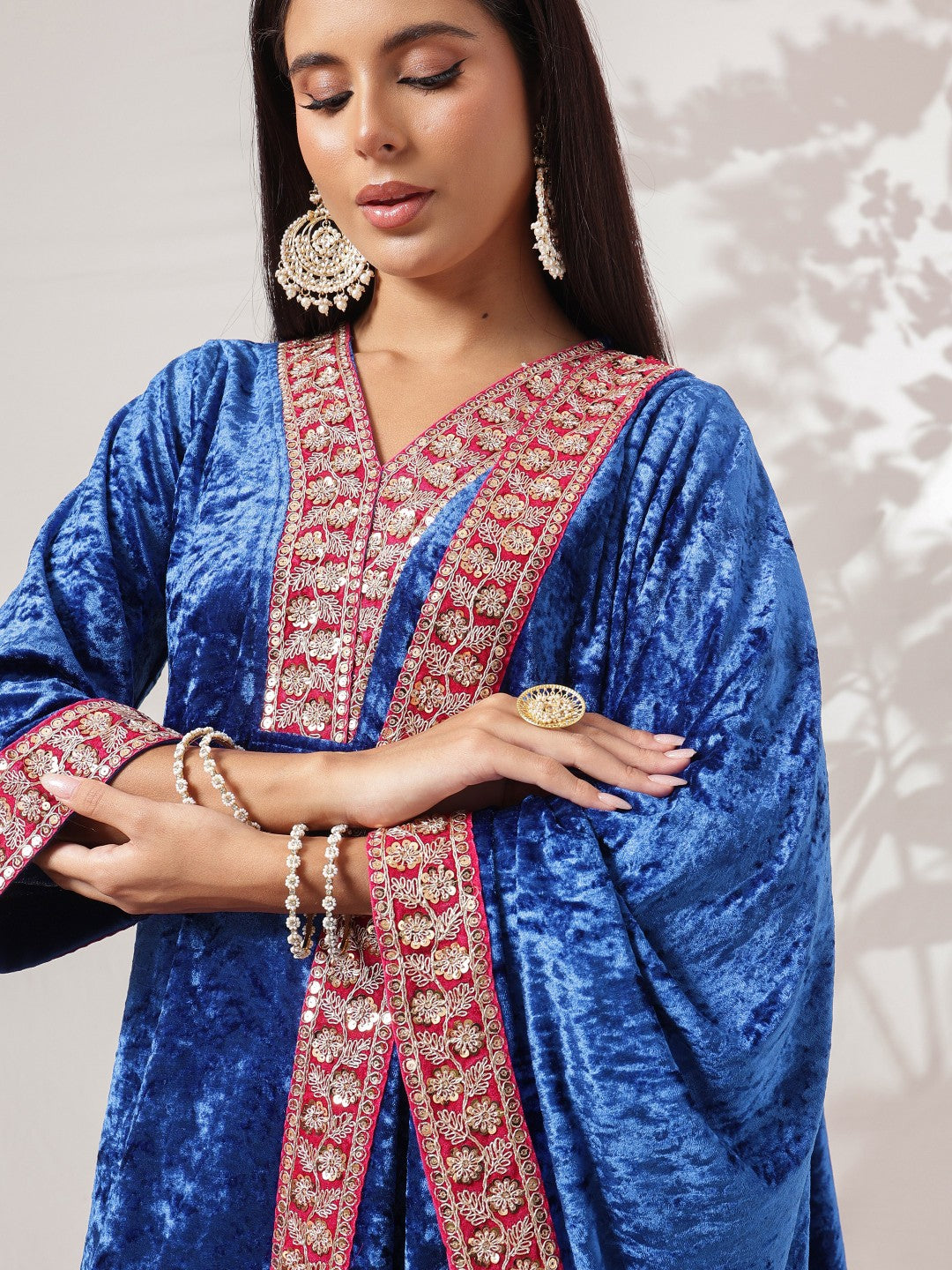 Cobalt Blue Velvet Short Kurta With Straight Pants & Dushala-Shae by SASSAFRAS