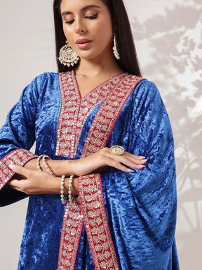 Cobalt Blue Velvet Short Kurta With Straight Pants & Dushala-Shae by SASSAFRAS