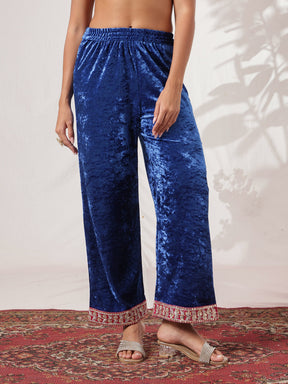 Cobalt Blue Velvet Short Kurta With Straight Pants & Dushala-Shae by SASSAFRAS
