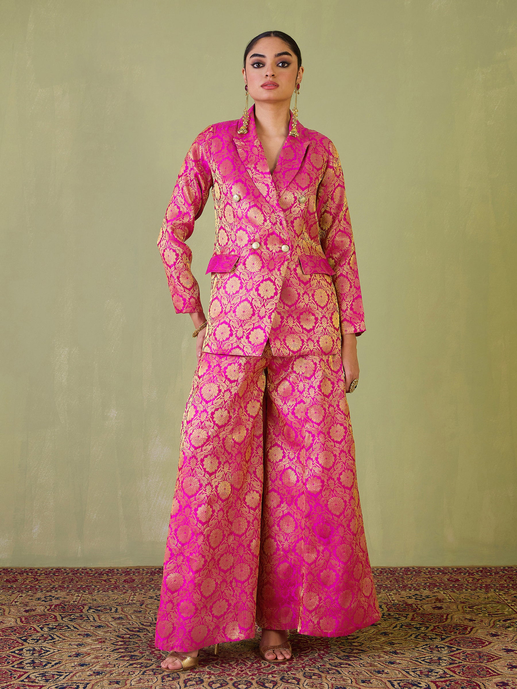 Women Fuchsia Brocade Double Breasted Blazer With Palazzos