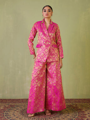 Women Fuchsia Brocade Double Breasted Blazer With Palazzos