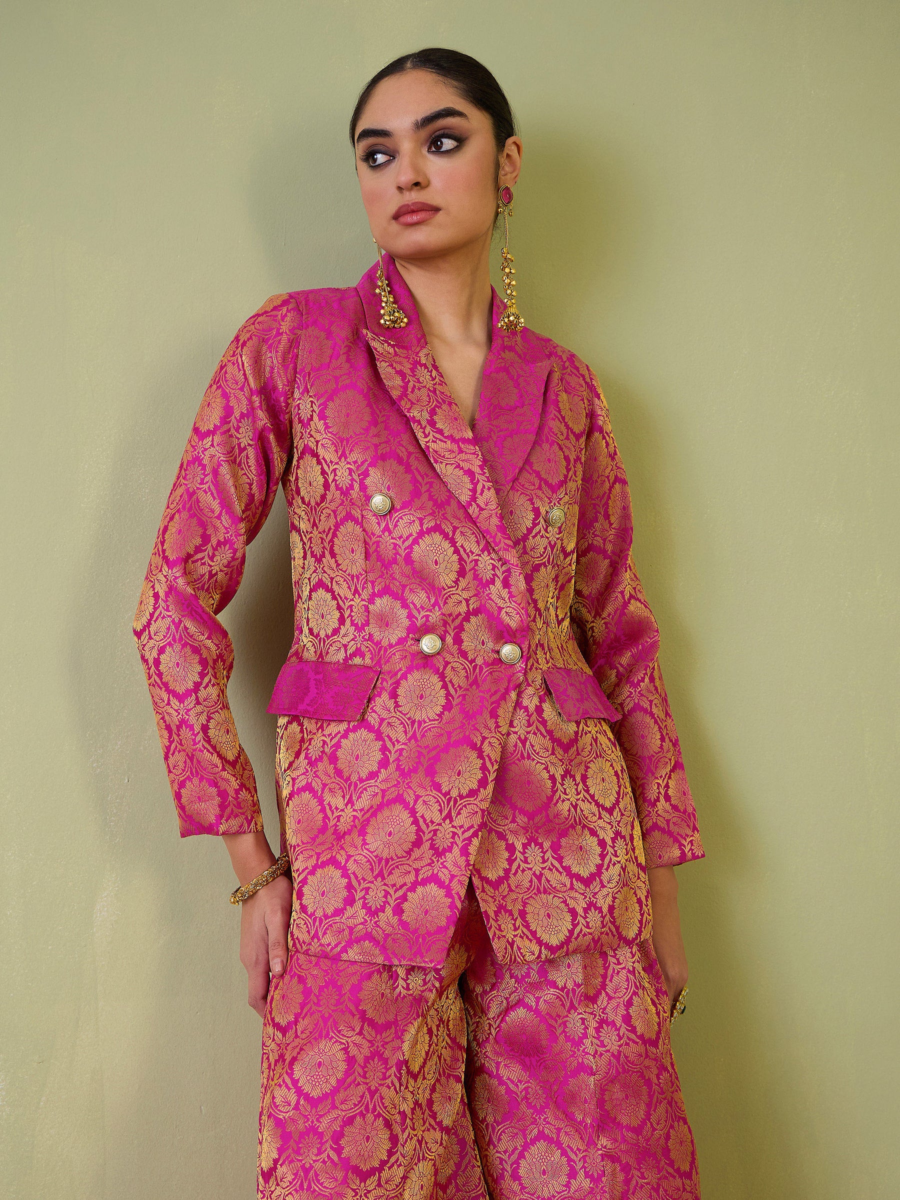 Women Fuchsia Brocade Double Breasted Blazer With Palazzos