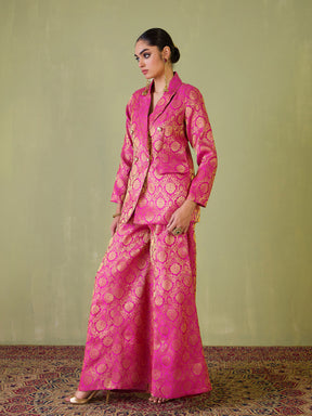 Women Fuchsia Brocade Double Breasted Blazer With Palazzos