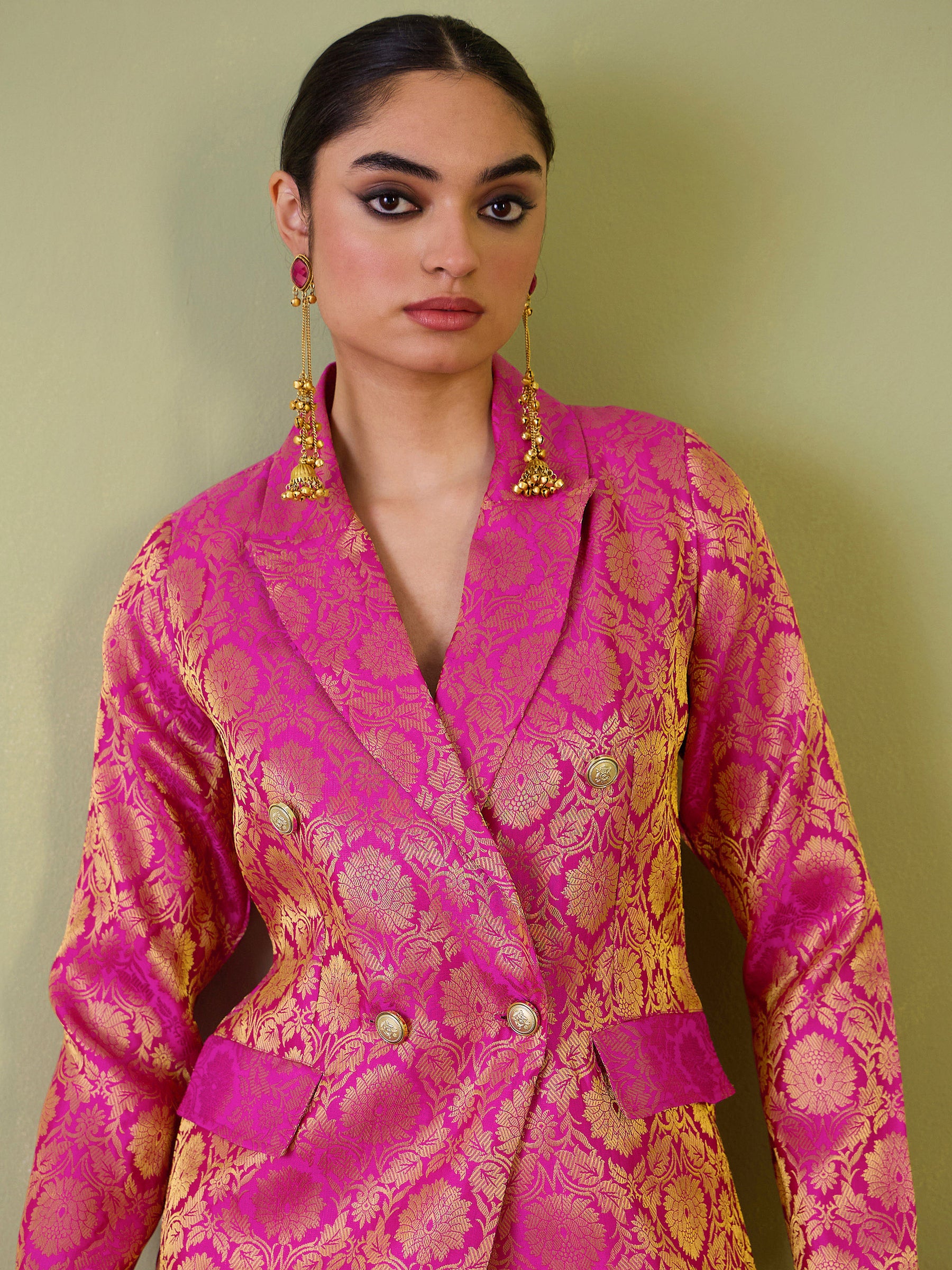 Women Fuchsia Brocade Double Breasted Blazer With Palazzos