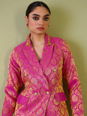 Women Fuchsia Brocade Double Breasted Blazer With Palazzos