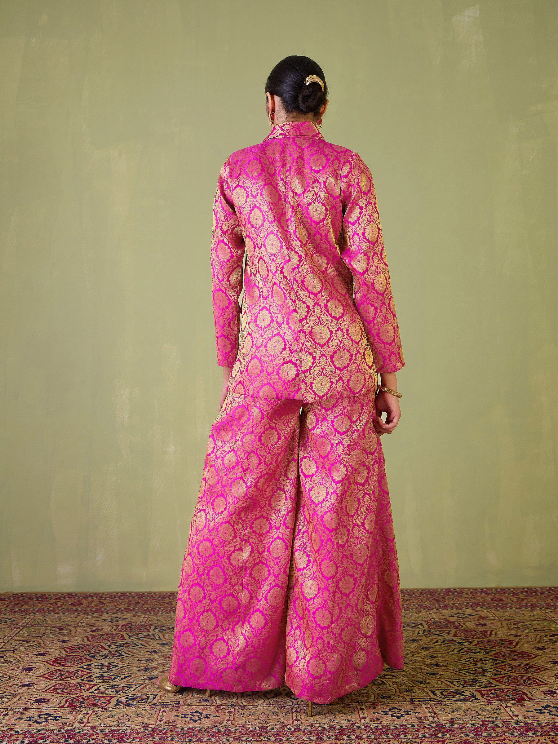 Women Fuchsia Brocade Double Breasted Blazer With Palazzos