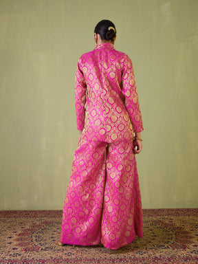 Women Fuchsia Brocade Double Breasted Blazer With Palazzos