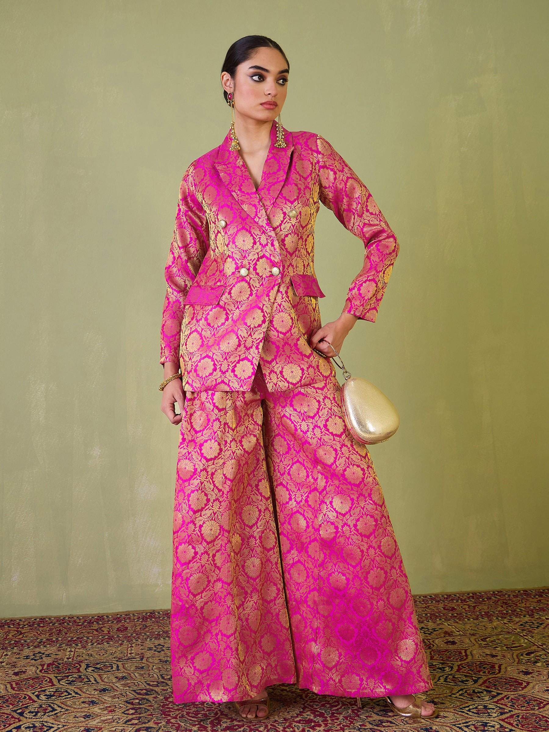 Women Fuchsia Brocade Double Breasted Blazer With Palazzos