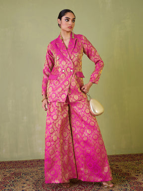 Women Fuchsia Brocade Double Breasted Blazer With Palazzos