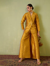Women Mustard Brocade Double Breasted Blazer With Palazzos
