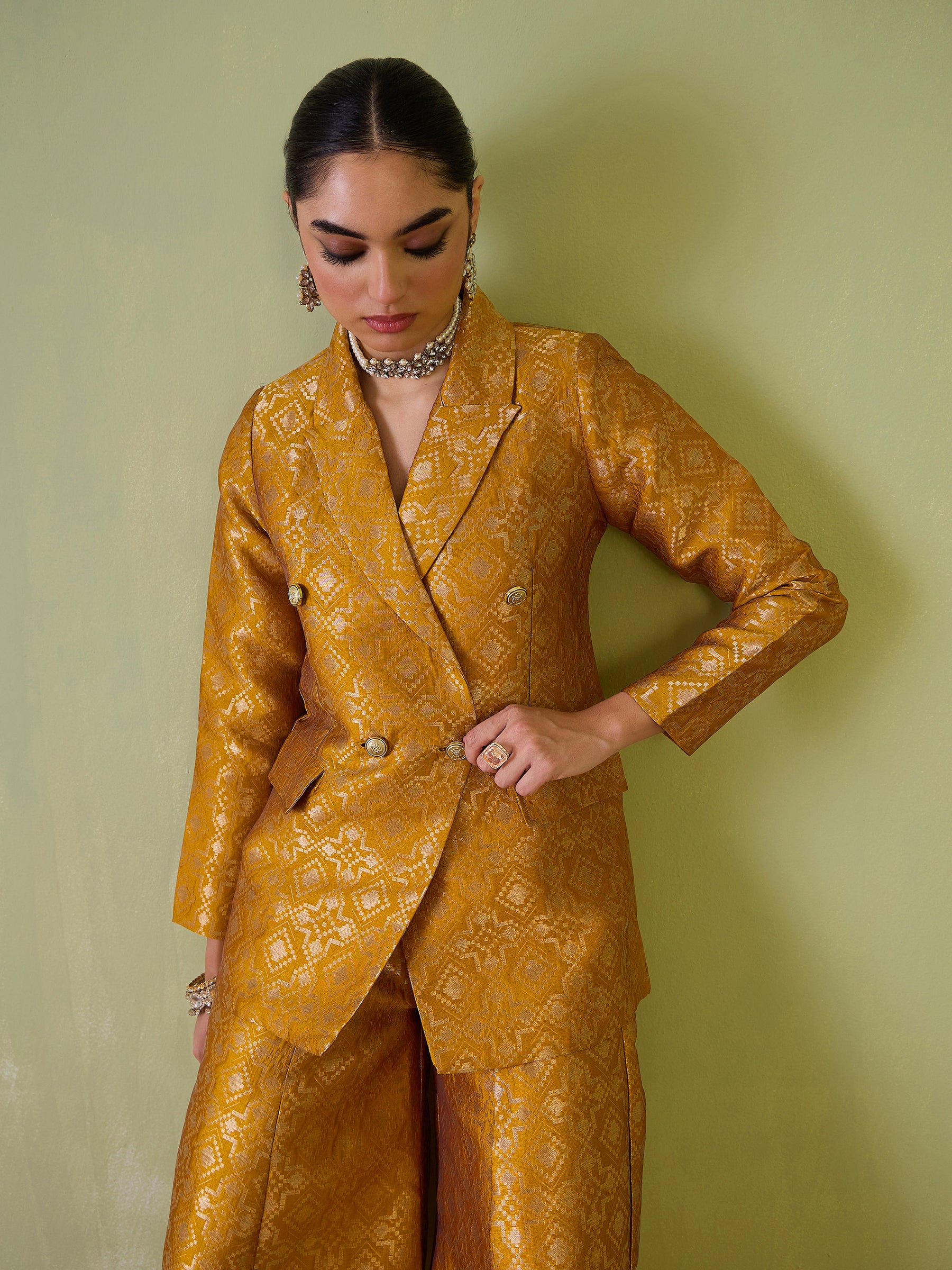 Women Mustard Brocade Double Breasted Blazer With Palazzos