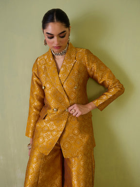 Women Mustard Brocade Double Breasted Blazer With Palazzos