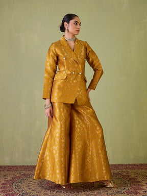 Women Mustard Brocade Double Breasted Blazer With Palazzos