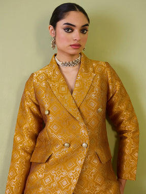 Women Mustard Brocade Double Breasted Blazer With Palazzos