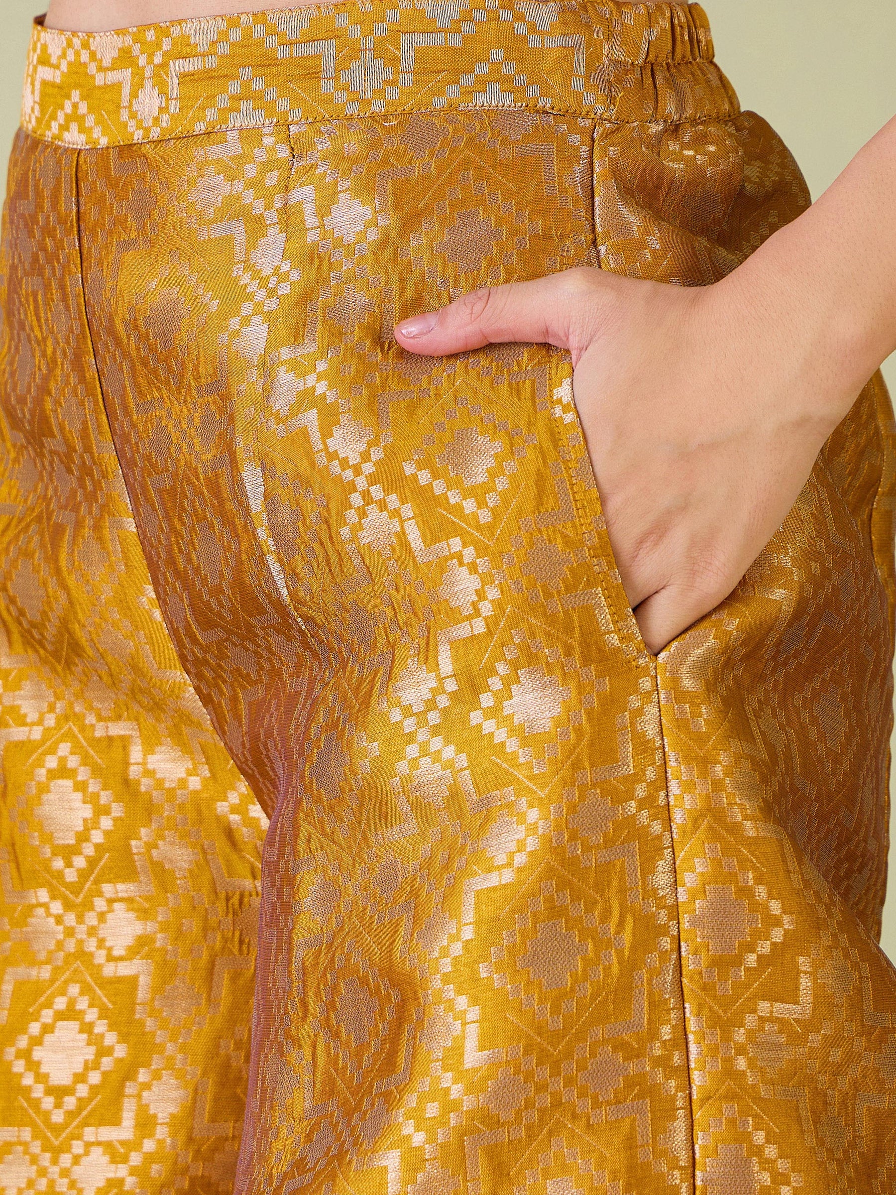Women Mustard Brocade Double Breasted Blazer With Palazzos